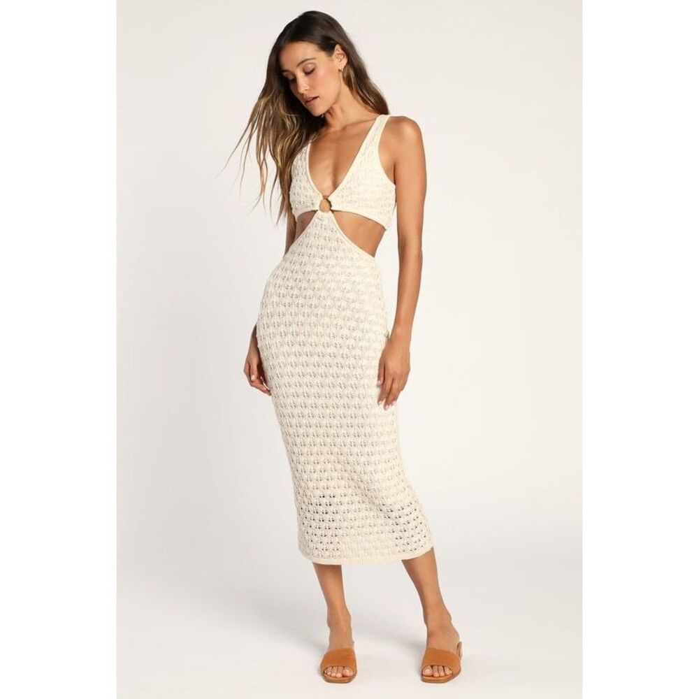 Lulus Beachside Bliss Ivory Knit Cutout Sleeveless Midi Dress White - Size S